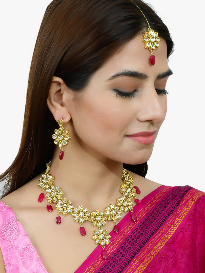 traditional pink jadau kundan bridal jewellery set - 17540184 - Zoom Image - 7