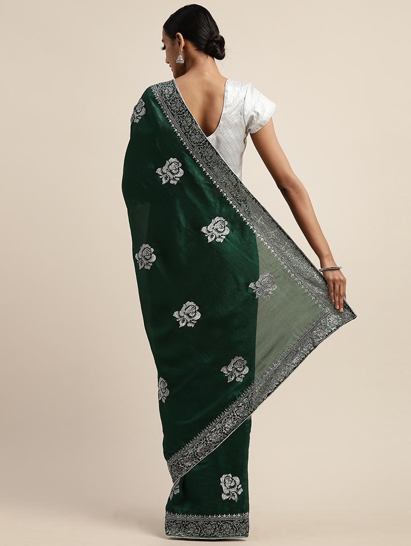 bottle green embroidered saree with blouse - 17541314 - Zoom Image - 2