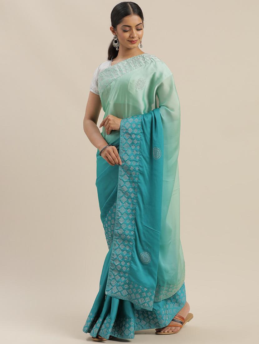 solid embellished bordered saree with blouse - 17541325 - Zoom Image - 1