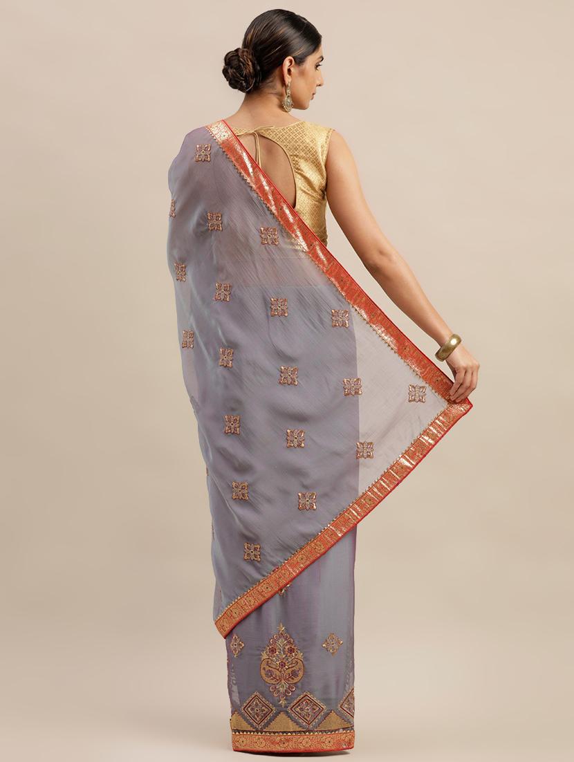 lace bordered embroidered saree with blouse - 17541407 - Zoom Image - 2