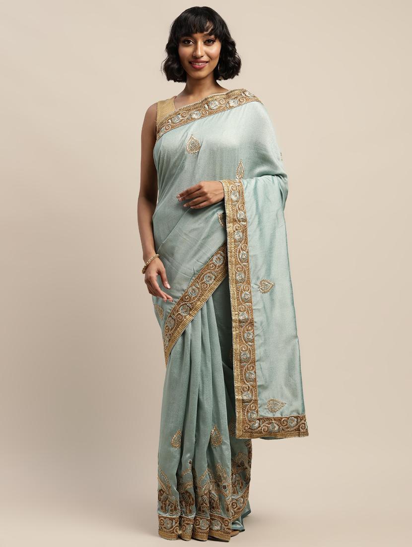 lace bordered embroidered saree with blouse - 17541420 - Zoom Image - 1