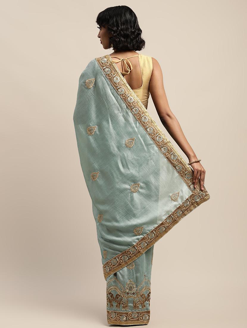 lace bordered embroidered saree with blouse - 17541420 - Zoom Image - 2