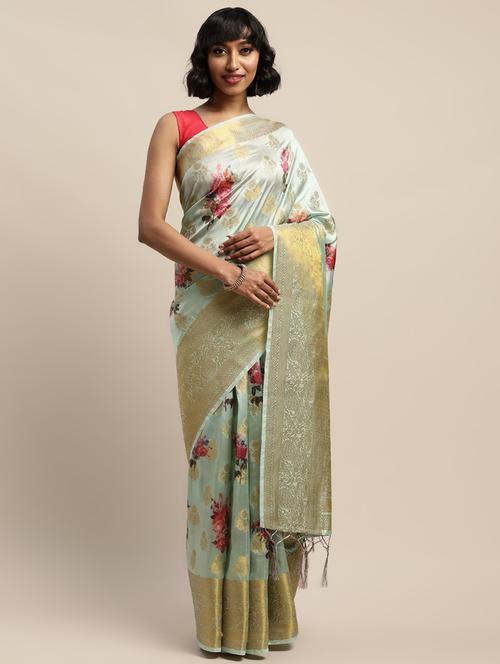 floral print jacquard banarasi saree with blouse - 17541423 - Standard Image - 1