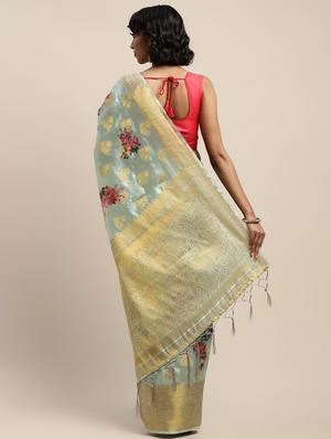 floral print jacquard banarasi saree with blouse - 17541423 - Standard Image - 2