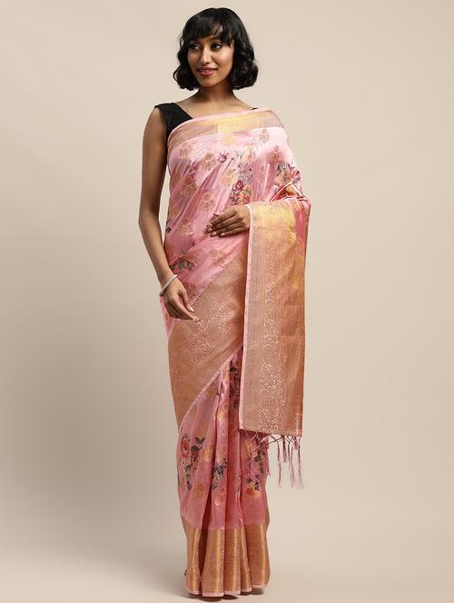 floral print jacquard banarasi saree with blouse - 17541424 - Standard Image - 1