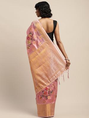 floral print jacquard banarasi saree with blouse - 17541424 - Standard Image - 2
