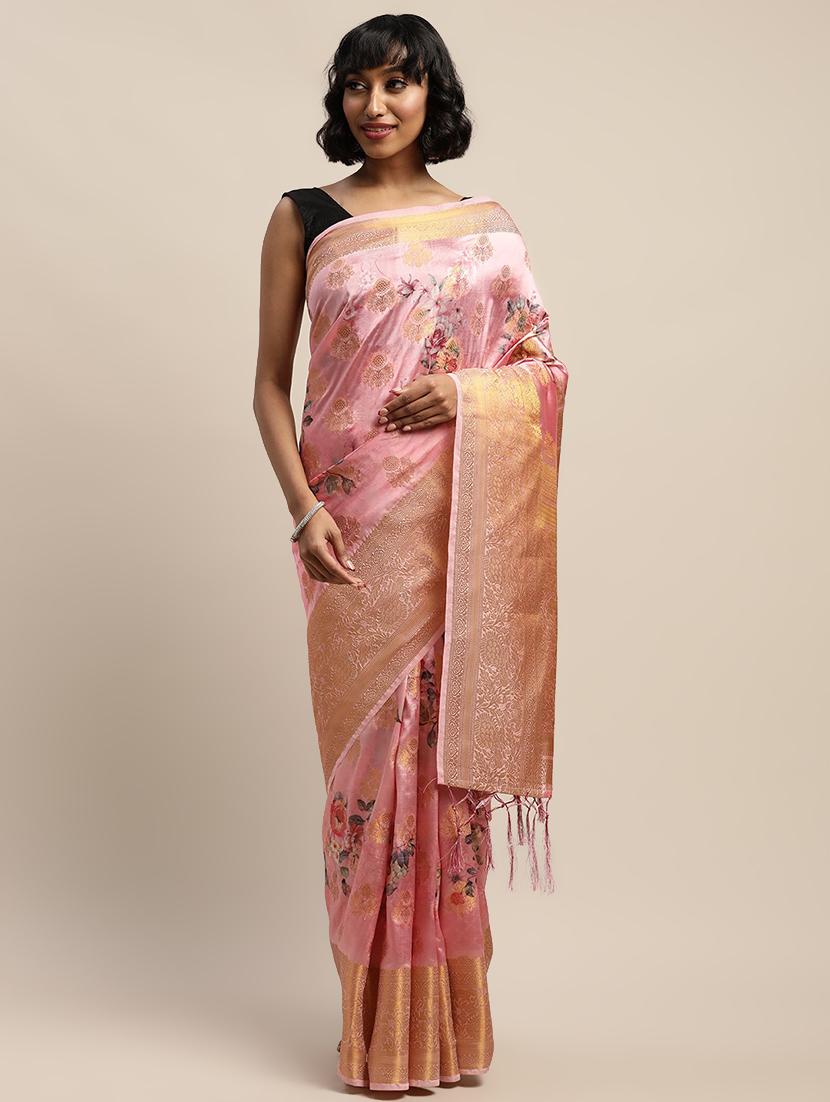 floral print jacquard banarasi saree with blouse - 17541424 - Zoom Image - 1