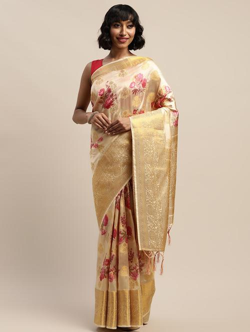floral print jacquard banarasi saree with blouse - 17541425 - Standard Image - 1