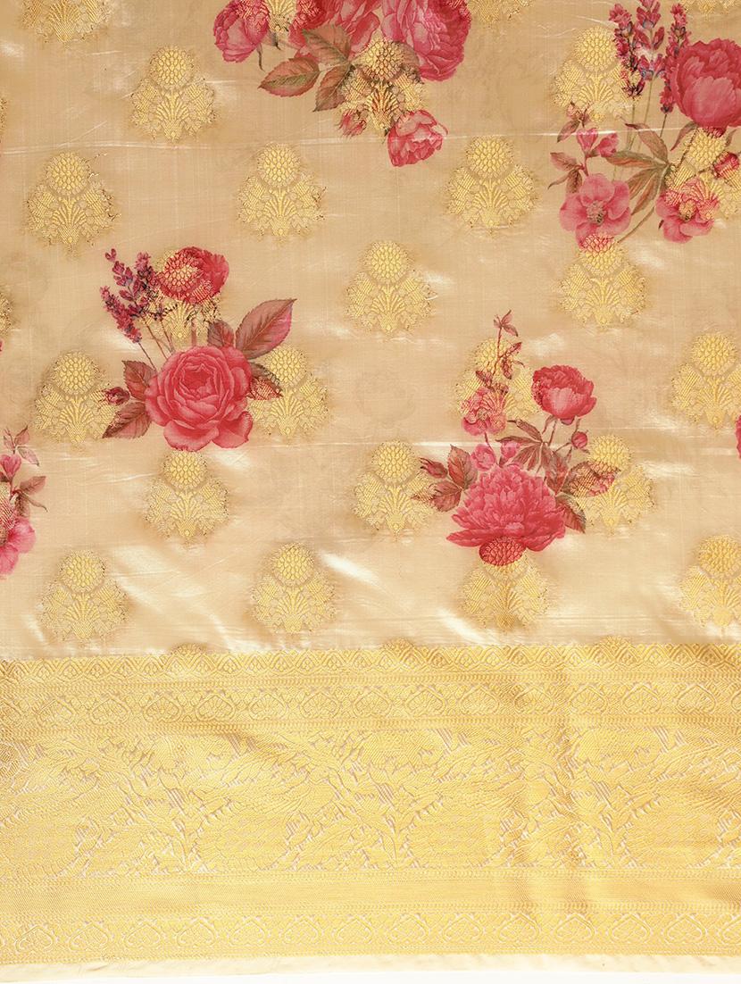 floral print jacquard banarasi saree with blouse - 17541425 - Zoom Image - 4