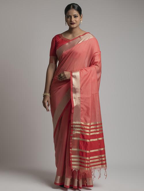 peach cotton silk plain saree with blouse - 17542316 - Standard Image - 1