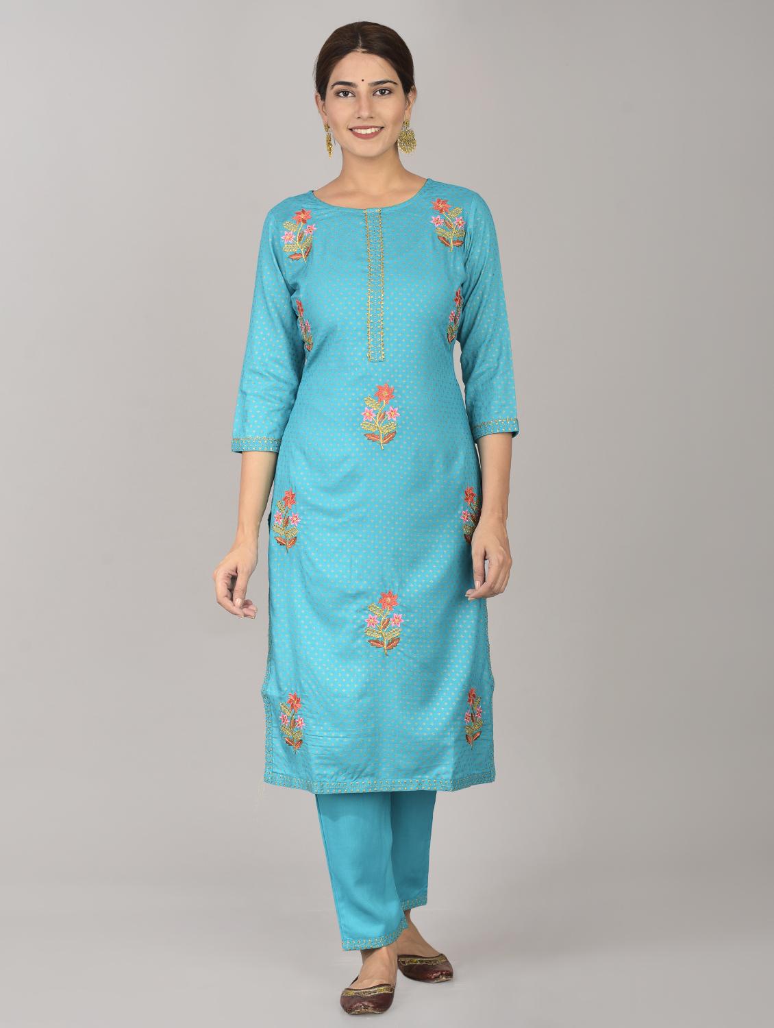 turquoise rayon kurta pant set - 17542417 - Zoom Image - 1
