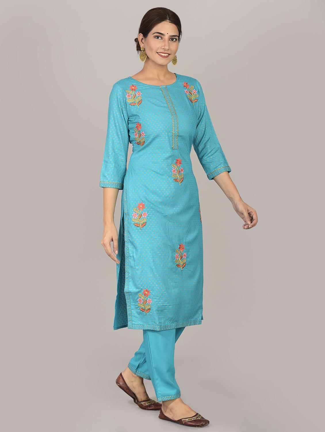 turquoise rayon kurta pant set - 17542417 - Zoom Image - 2