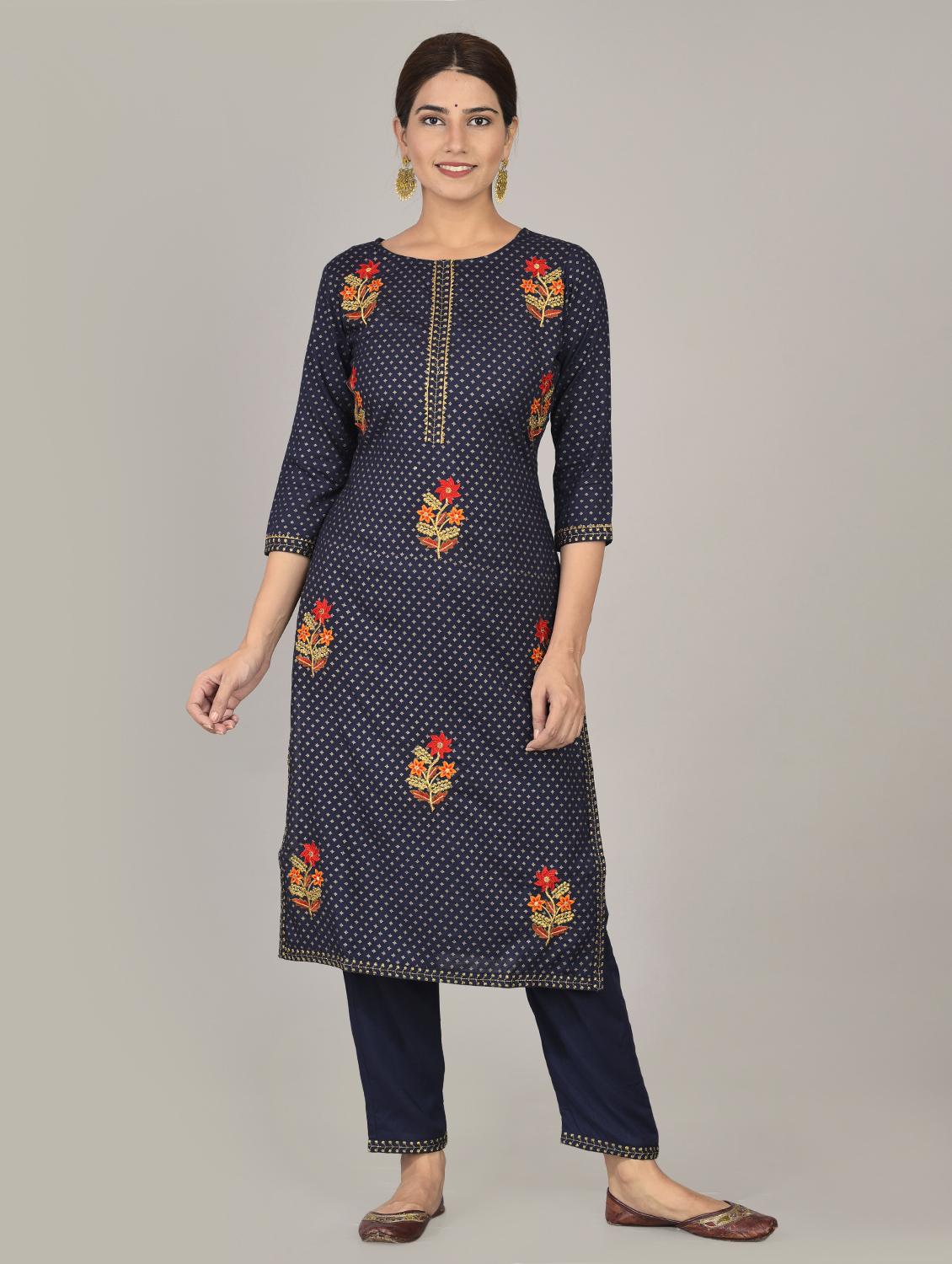 navy rayon kurta pant set - 17542419 - Zoom Image - 1