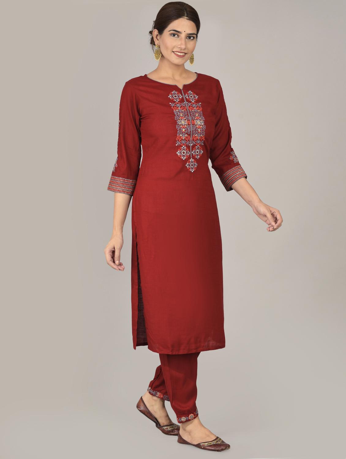 maroon kurta pant set - 17542420 - Zoom Image - 2