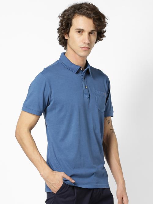 blue solid collared t-shirt - 17542467 - Standard Image - 1