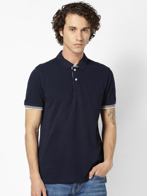 navy blue solid polo t-shirt - 17542469 - Standard Image - 1