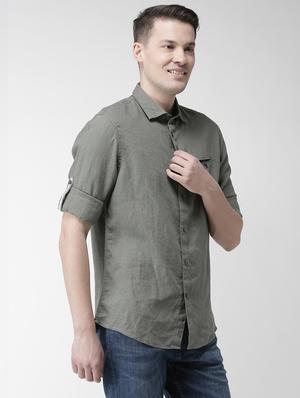 olive green solid linen casual shirt - 17542491 - Standard Image - 2