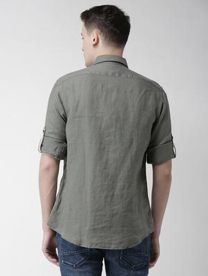 olive green solid linen casual shirt - 17542491 - Standard Image - 3