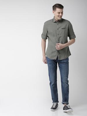 olive green solid linen casual shirt - 17542491 - Standard Image - 4
