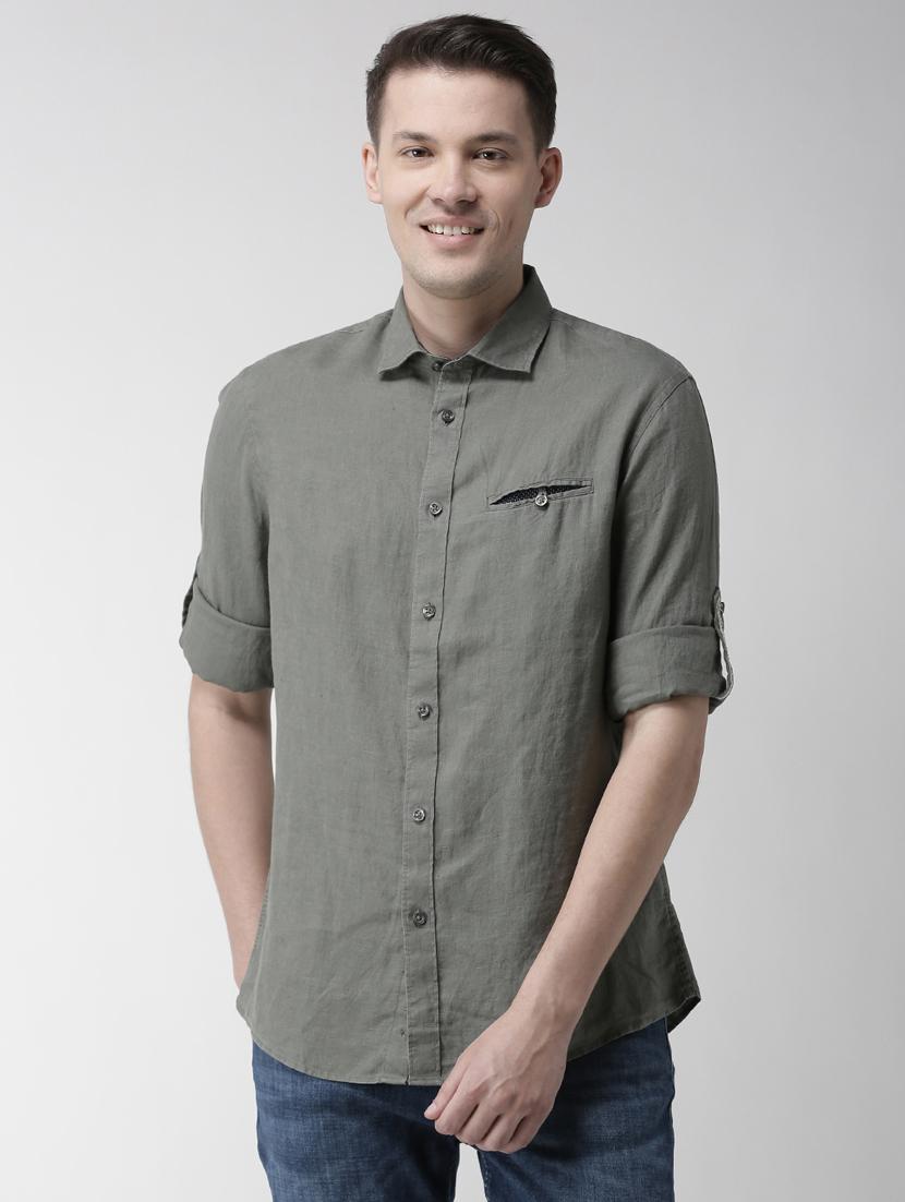 olive green solid linen casual shirt - 17542491 - Zoom Image - 1