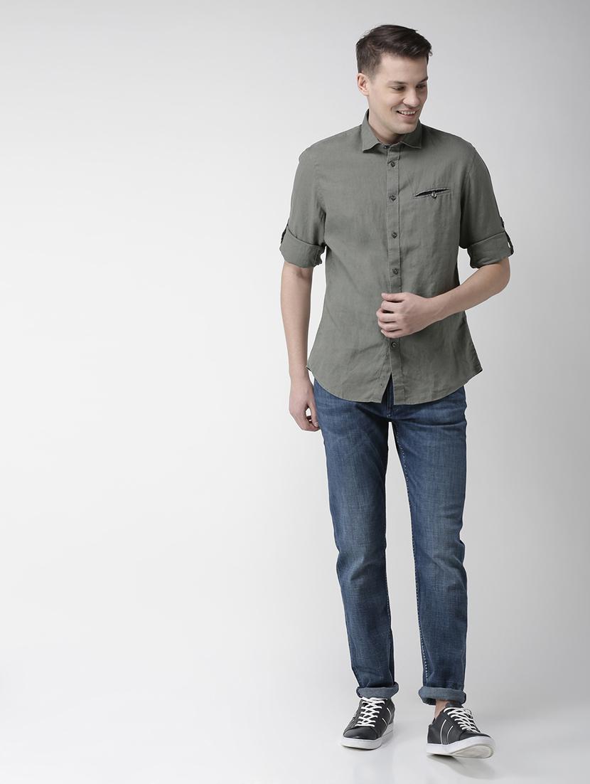 olive green solid linen casual shirt - 17542491 - Zoom Image - 4