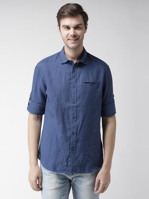 navy blue solid linen casual shirt - 17542493 - Standard Image - 1