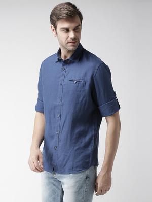 navy blue solid linen casual shirt - 17542493 - Standard Image - 2