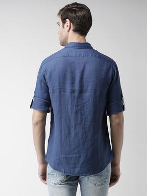 navy blue solid linen casual shirt - 17542493 - Standard Image - 3