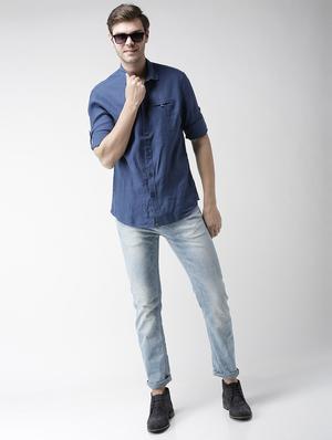 navy blue solid linen casual shirt - 17542493 - Standard Image - 4