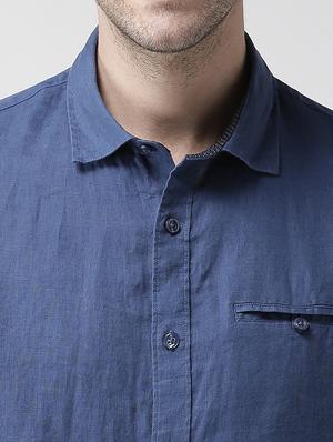 navy blue solid linen casual shirt - 17542493 - Standard Image - 6