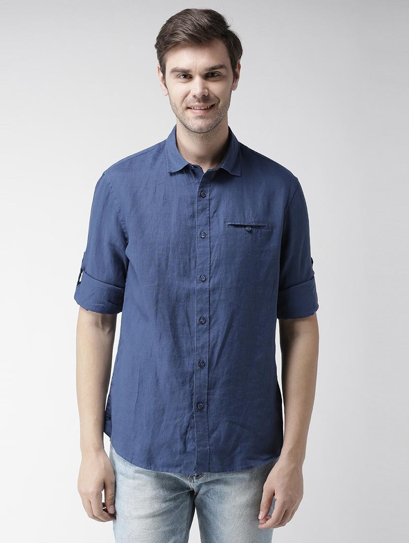 navy blue solid linen casual shirt - 17542493 - Zoom Image - 1