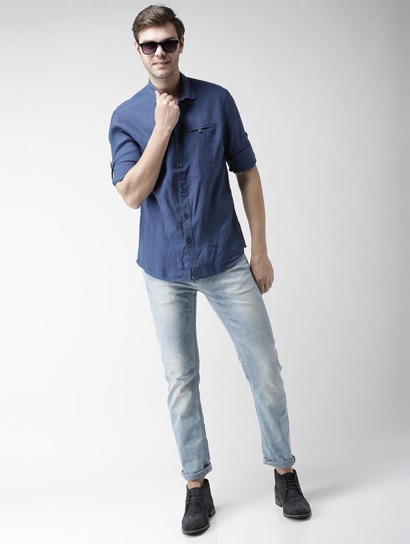 navy blue solid linen casual shirt - 17542493 - Zoom Image - 4