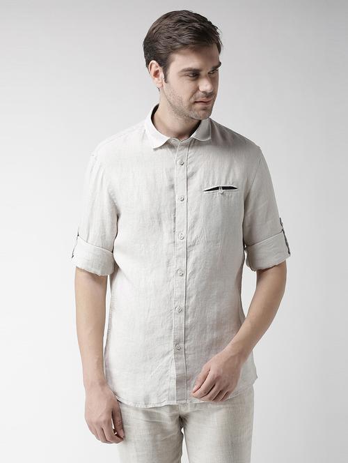 cream solid linen casual shirt - 17542495 - Standard Image - 1