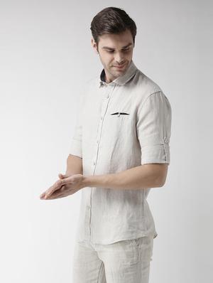 cream solid linen casual shirt - 17542495 - Standard Image - 3