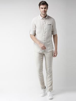 cream solid linen casual shirt - 17542495 - Standard Image - 5