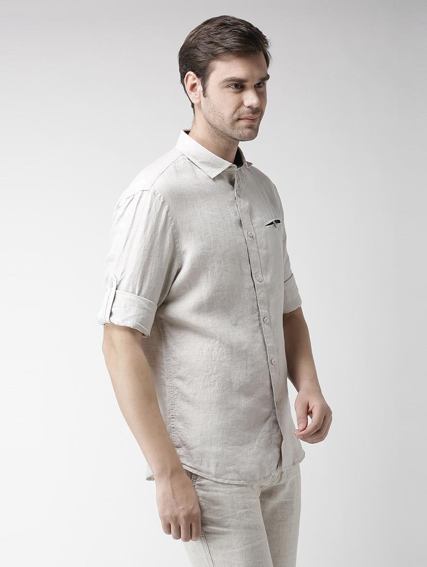 cream solid linen casual shirt - 17542495 - Zoom Image - 2