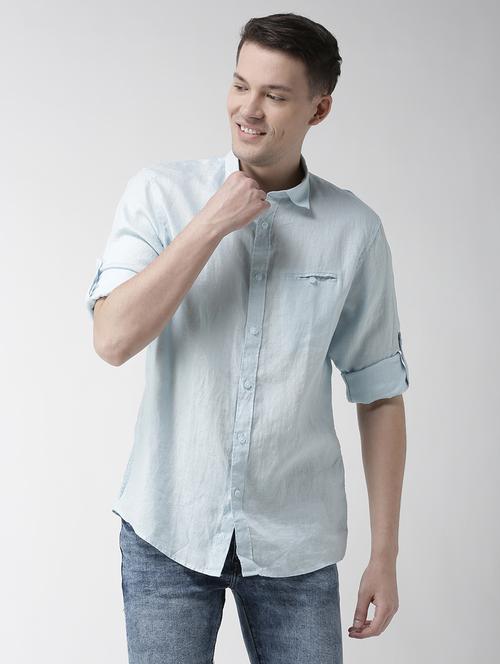 blue solid linen casual shirt - 17542501 - Standard Image - 1