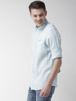 blue solid linen casual shirt - 17542501 - Standard Image - 2