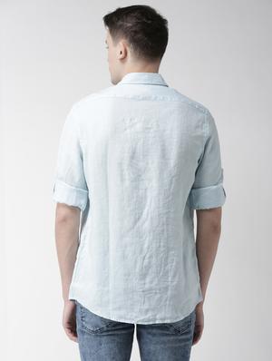 blue solid linen casual shirt - 17542501 - Standard Image - 3