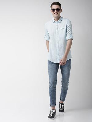 blue solid linen casual shirt - 17542501 - Standard Image - 4