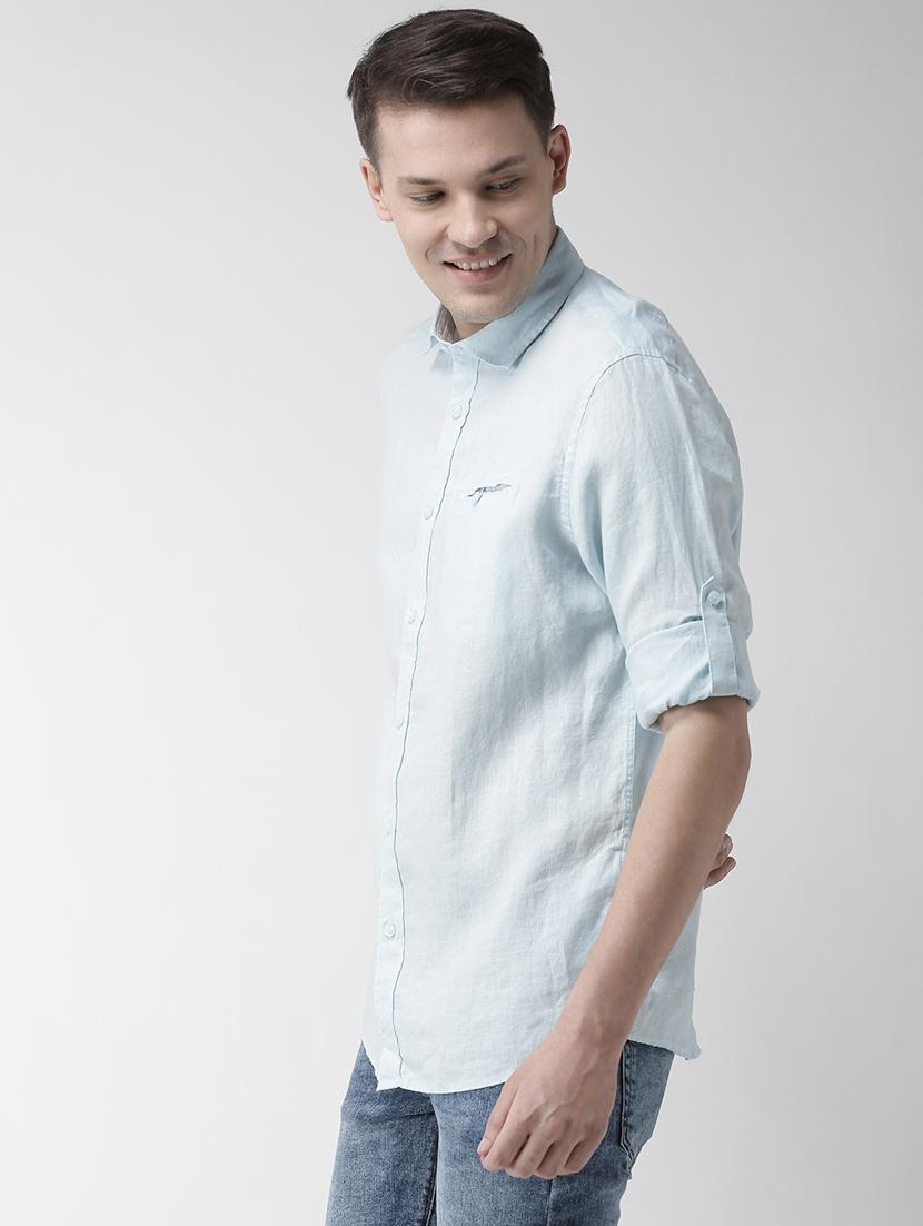 blue solid linen casual shirt - 17542501 - Zoom Image - 2