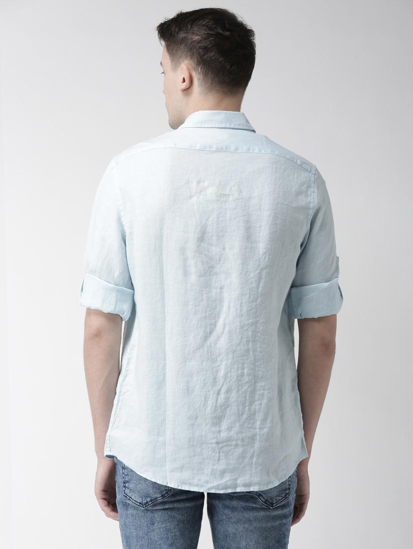 blue solid linen casual shirt - 17542501 - Zoom Image - 3