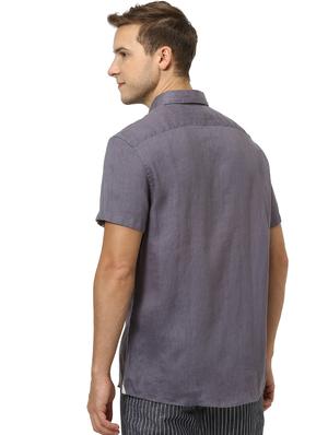grey solid linen casual shirt - 17542506 - Standard Image - 3