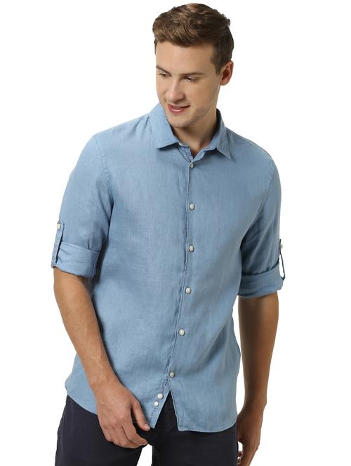 blue solid linen casual shirt - 17542509 - Standard Image - 1