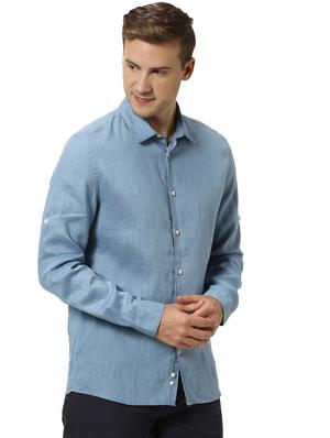 blue solid linen casual shirt - 17542509 - Standard Image - 2