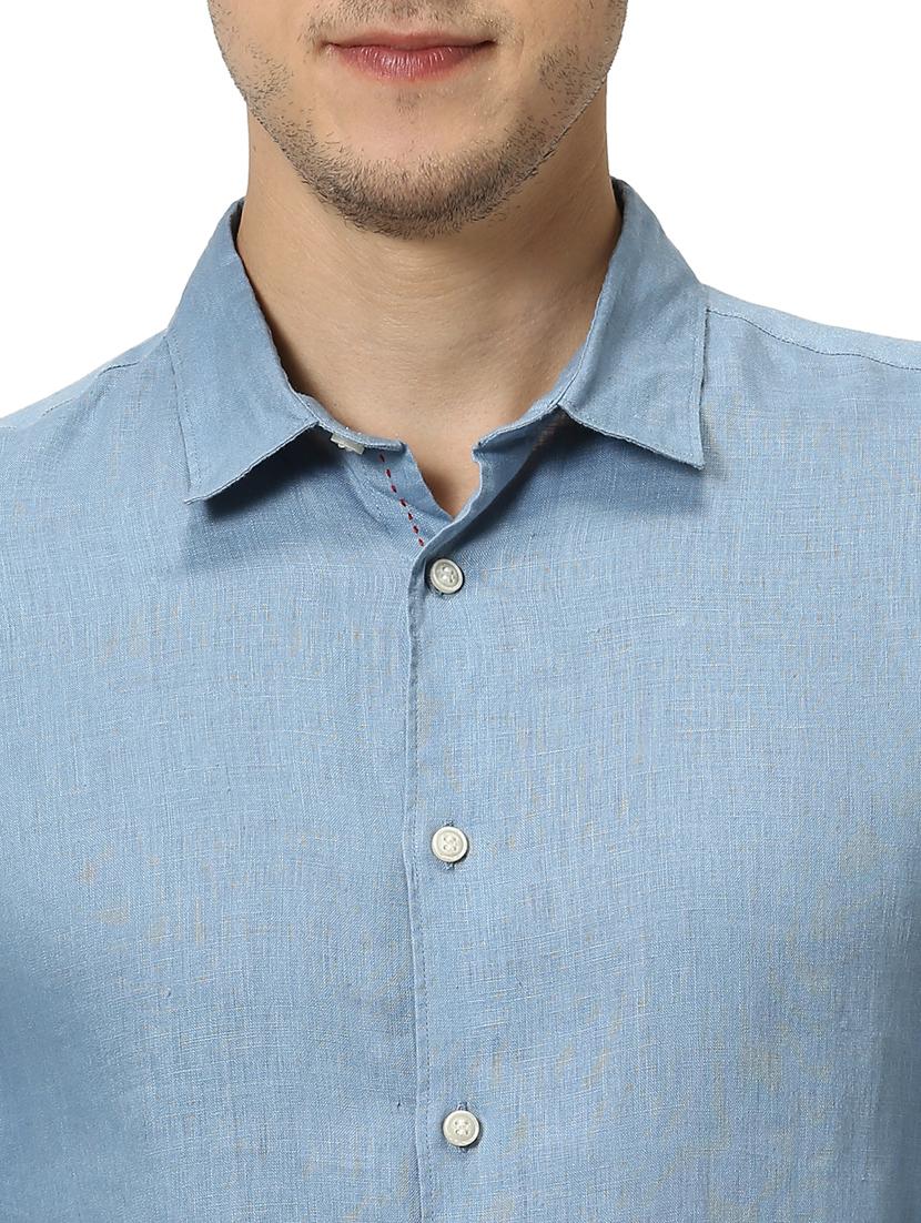 blue solid linen casual shirt - 17542509 - Zoom Image - 5