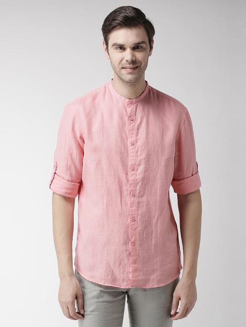 pink solid linen casual shirt - 17542510 - Standard Image - 1