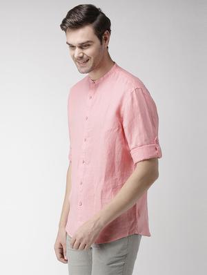 pink solid linen casual shirt - 17542510 - Standard Image - 2