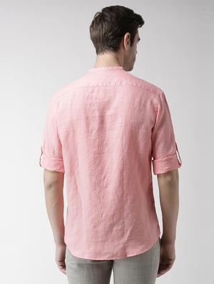 pink solid linen casual shirt - 17542510 - Standard Image - 3