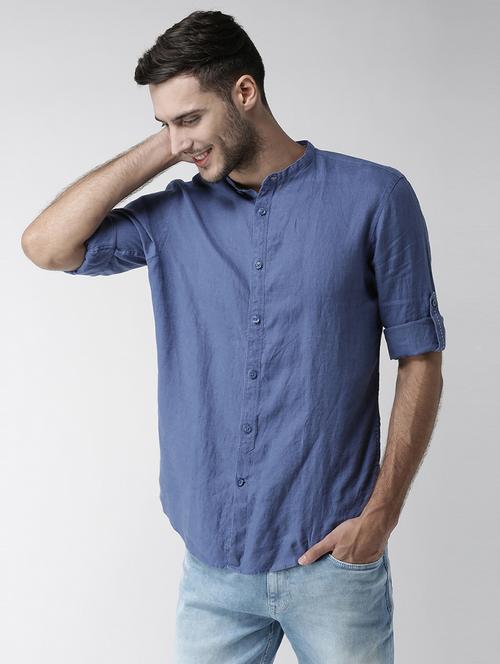 blue solid linen casual shirt - 17542512 - Standard Image - 1